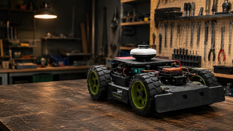 Selbstgebauter RTK-Mähroboter in der Werkstatt